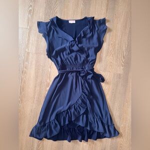 Pink Lily Navy Blue Wrap Style Ruffle Dress NWOT